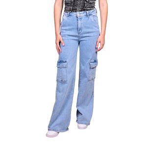 Jeans Celeste Denim Cargo Tiro Medio Mujer Tiare