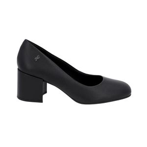 Stiletto Negro Punta Redonda Cuero Taco Trapecio Mujer Usaflex