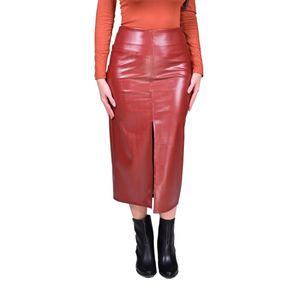 Pollera Marrón Recta En Cuerina Abertura Frontal Mujer Tiare