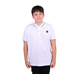 Remera Manga Corta Tipo Polo Blanca Con Detalles Negros Y Logo Rojo Niño Hummer