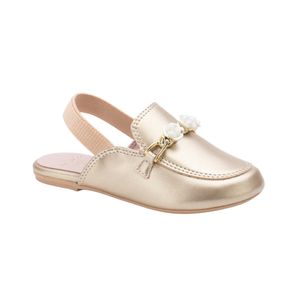 Mocasín Slingback Metálico Con Cadena Y Flores Modelo Dorado Niña Suacia