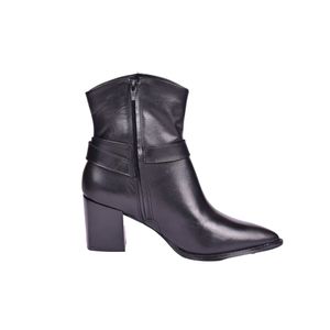 Bota Cuero Punta Afilada Taco Grueso 7cm Con Hebilla Negro Mujer Lia Line