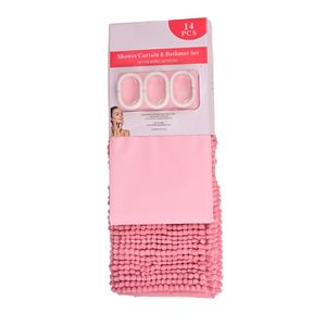 Set De Cortina De Baño Con Alfombra Texturizada Y Ganchos 14 Piezas Rosa 180x180/60x40 Centímetros