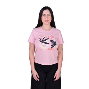 Remera Manga Corta Estampada Cuello Redondo Rosa Mujer Tiare