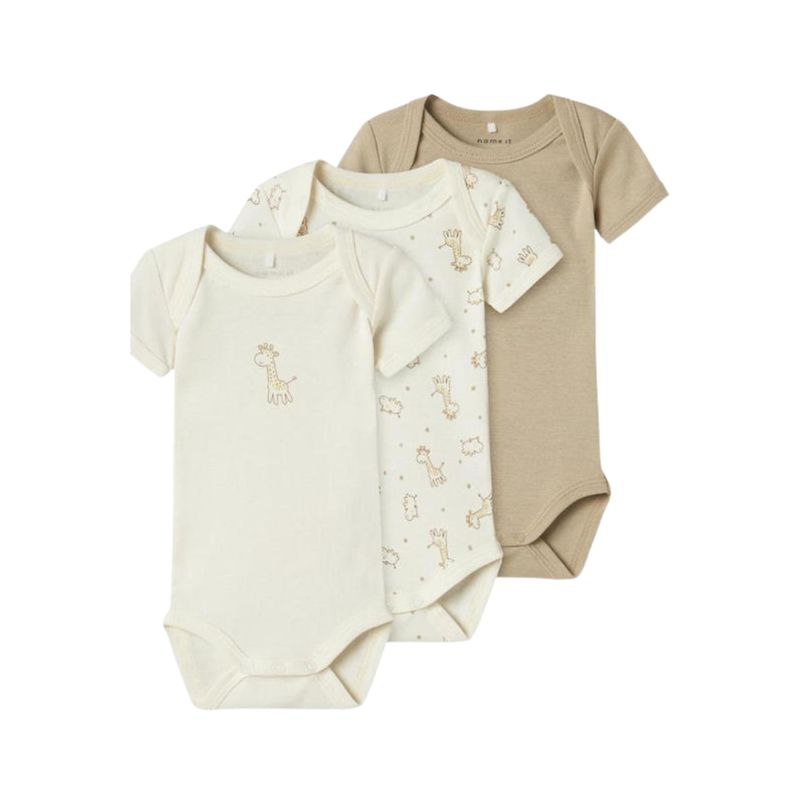 Body Manga Corta Estampado Jirafas Beige Combinado Pack Tres Unidades Niño