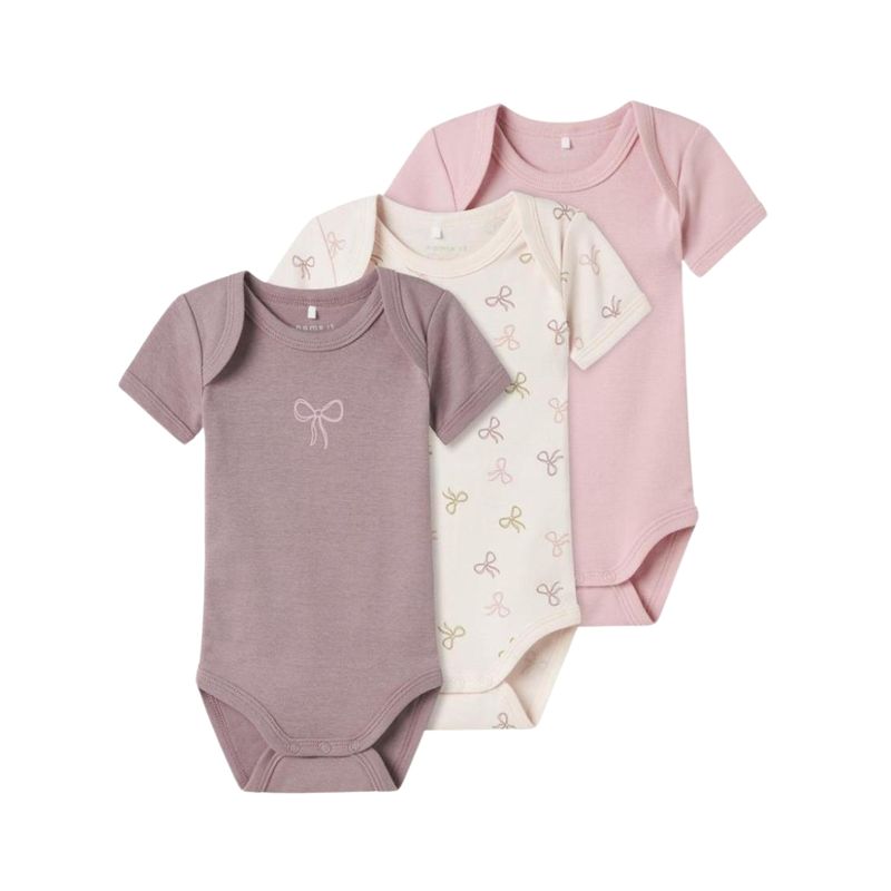 Body Manga Corta Estampado Lazos Rosa Combinado Pack Tres Unidades Niña