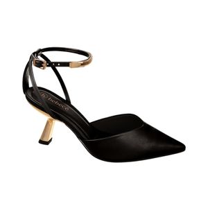 Stiletto Negro Taco Dorado Fino Con Talonera Mujer Bebece