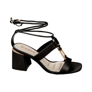 Sandalia Taco Grueso Detalles Dorados Negra Mujer Bebece