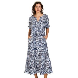 Vestido Manga Corta Elisa Con Escote En V  Estampado Azul Y Blanco Mujer Eclipse