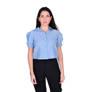 Camisa Manga Corta Con Goma En La Manga Celeste Melange Mujer L'exclusif
