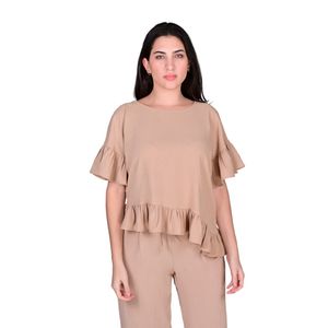 Blusa Manga Corta En Crepe Con Volados Beige Mujer L'exclusif