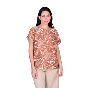 Blusa Manga Corta De Lino Estampado Terracota Mujer L'Exclusif