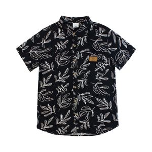Camisa Manga Corta Guayabera Hojas Negro Niño Ficcus