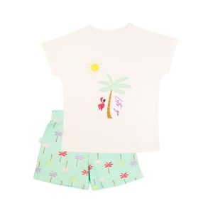 Pijama 2 Piezas Remera Manga Corta Must Have Blanco Short Verde Diseño Flamenco Niña Ficcus