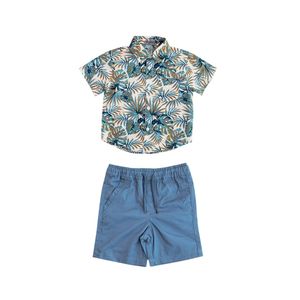 Conjunto Camisa Estampado Hojas Con Bermuda Azul Claro Niño Tiny Tots