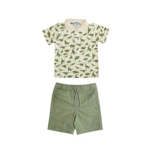 Conjunto Remera Polo Dinos Con Bermuda Verde Oliva Niño Tiny Tots