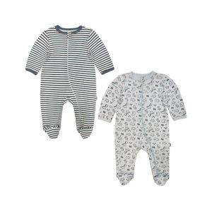 Pijama Manga Larga Con Pie Estampado Rayas Y Dinosaurios Azul Niño Tiny Tots