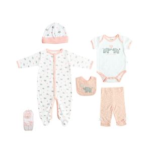 Conjunto Set Ropa De Bebé 5 Piezas Estampado Elefantes Y Corazones Blanco Y Rosa Niña Tiny Tots
