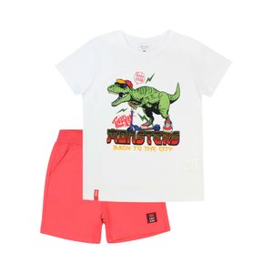 Conjunto Remera Manga Corta Blanco Estampado y Short Coral Niño Ficcus