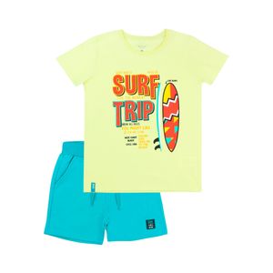 Conjunto Remera Manga Corta Verde Estampado y Short Turquesa Niño Ficcus