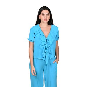 Blusa Manga Corta Turquesa En Crepe Con Volados Mujer L'Exclusif