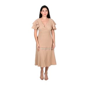 Vestido Manga Corta En Yoyo Con Galones Beige Mujer L’Exclusif