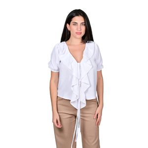 Blusa Manga Corta En Crepe Con Volados Blanco Mujer L'Exclusif