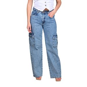 Jeans Wide Leg Cargo Corte Ancho Azul Mujer Tiare