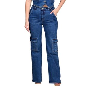 Jeans Medio Cargo Fit Tiro Azul Oscuro Mujer Tiare
