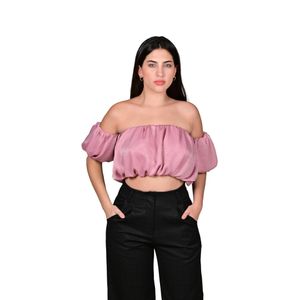 Top Escote Elástico Fruncido Manga Abullonada Rosa Mujer Tiare