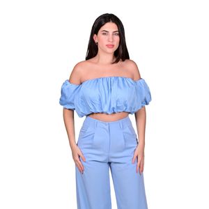 Top Escote Elástico Fruncido Manga Abullonada Celeste Mujer Tiare