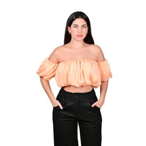 Top Escote Elástico Fruncido Manga Abullonada Salmón Mujer Tiare