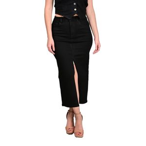 Pollera Falda Denim Corte Tubo Tiro Alto Midi Negro Mujer Tiare