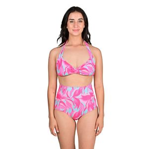 Corpiño Halter Estampado Hojas Rosa Fucsia y Turquesa Mujer Mix & Match