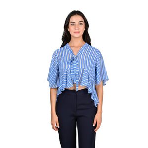 Blusa Manga Corta En Gasa Con Volados Rayas Azules Mujer L'Exclusif