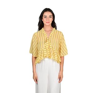 Blusa Manga Corta Crop Con Volados Rayas Amarillas Mujer L'Exclusif