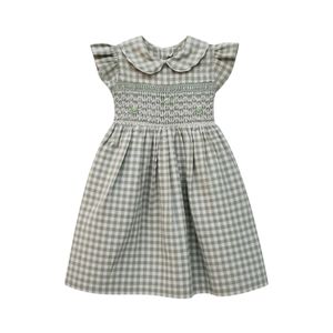 Vestido Mangar Corta A Cuadros Con Bordado Nido De Abeja Verde Niña Tiare Girl