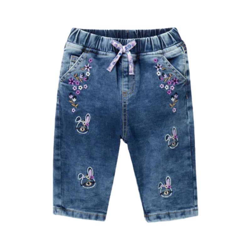 Jeans Denim Con Bordado De Flores Azul Bebé Niña Original Marines
