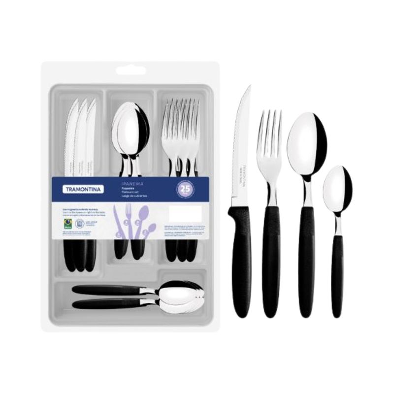 Juego De Cubiertos 25 Piezas Ipanema Negro Con Bandeja Tramontina