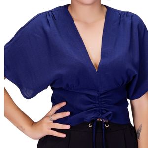 Blusa Mc Azul Marino Con Goma Y Volados Tiare