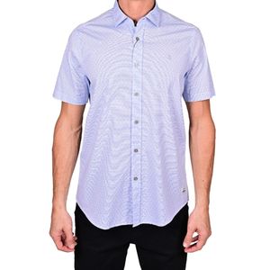 Camisa m/c celeste liso fantasia s/ bolsillo hombr